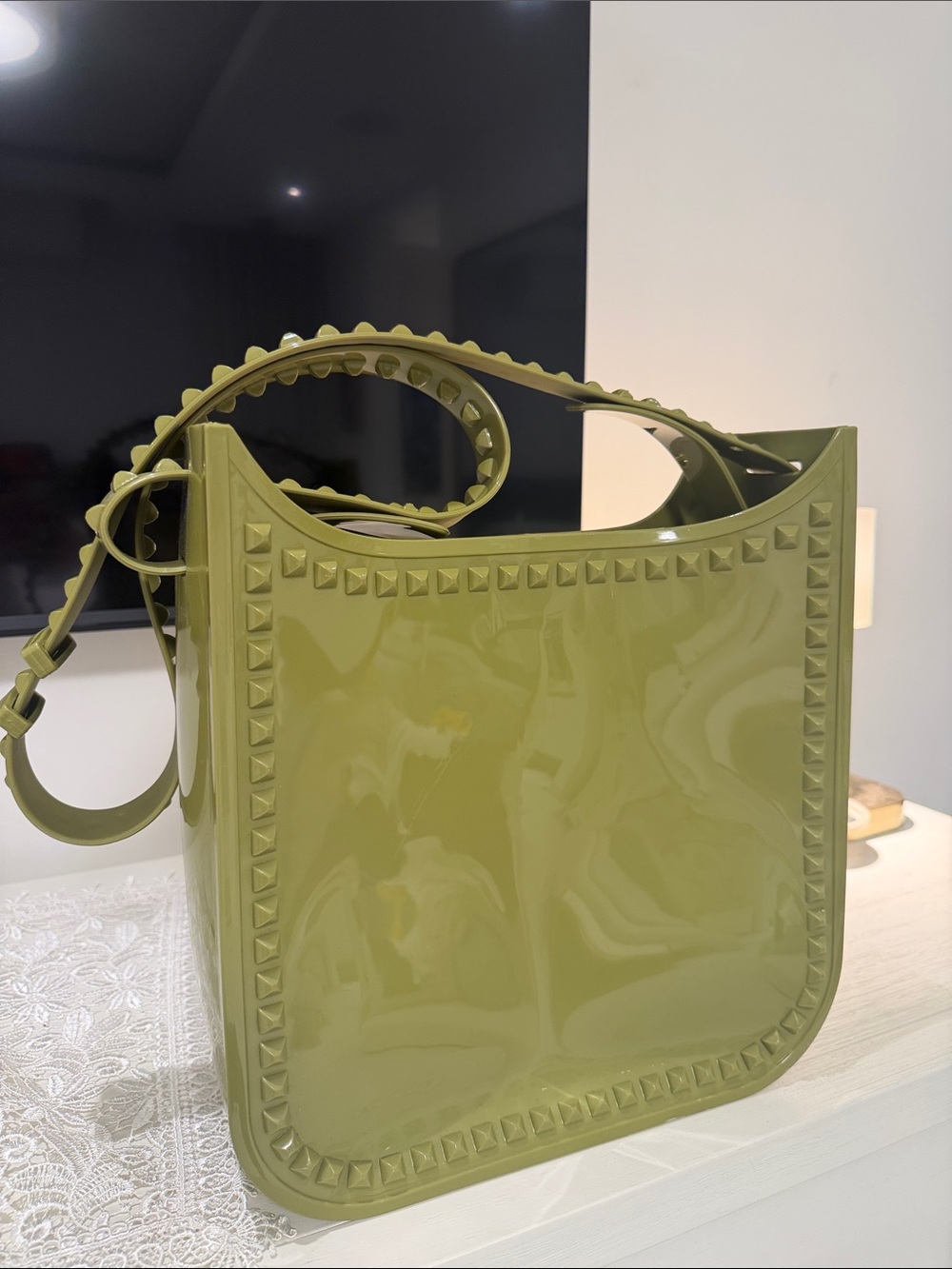 Carmen Sol Olive Green Stud-Trim Patent Shoulder Bag